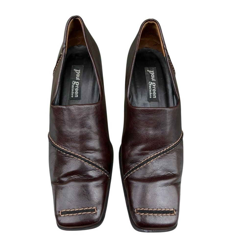 Paul Green Womens Leather Square Toe Pumps 5.5 Brown Block Heel Slip On Shoes